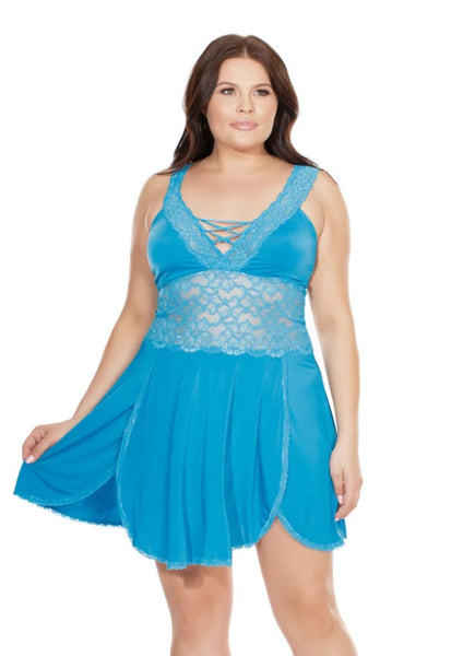 Blue Scallop Stretch Lace/Microfiber Baby Doll - JUST ARRIVED !