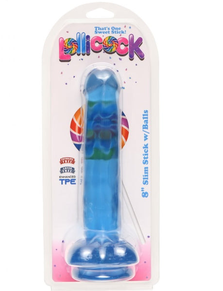 8 Inch Slim Stick with Balls Berry Ice Dildo - New Product!